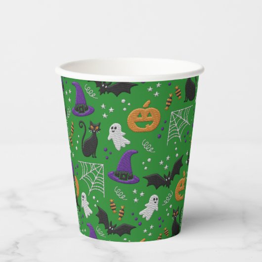 Gobelets En Papier Chats noirs Fantômes chauves-souris Motif vert Hal (Recto)