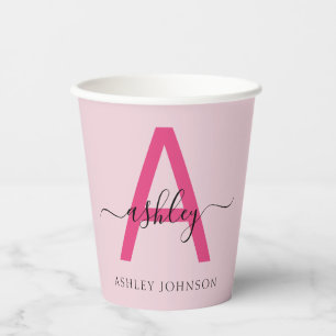 Gobelets En Papier Chaud rose moderne Script Girl Monogramme Nom