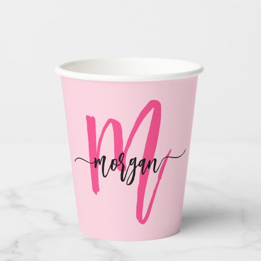 Gobelets En Papier Chaud rose moderne Script Girl Monogramme Nom (Recto)