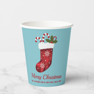 Gobelets En Papier Chaussette de Noël rouge sur un joyeux Noël bleu