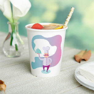 Gobelets En Papier Chef souriant avec Moustache et plateau de service