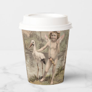 Gobelets En Papier Cherubin Vintage avec Cigogne au Lac
