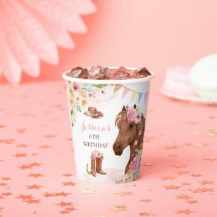 Gobelets En Papier Cheval Anniversaire Fête Cowgirl rose Floral Anniv