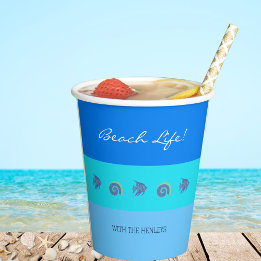Gobelets En Papier Chic Blue Stripes Fish and Shells Beach House