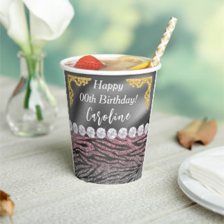 Gobelets En Papier Chic Gold Argent Pink Zebra Imprimer Anniversaire