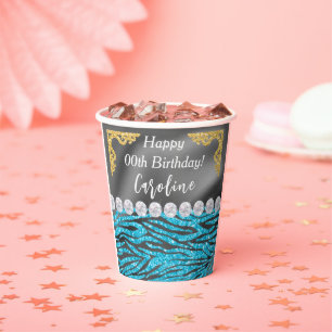 Gobelets En Papier Chic Gold Silver Foil Blue Zebra Imprimer Annivers