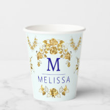 Chic Golden Flowers & papillons bleus monogrammed