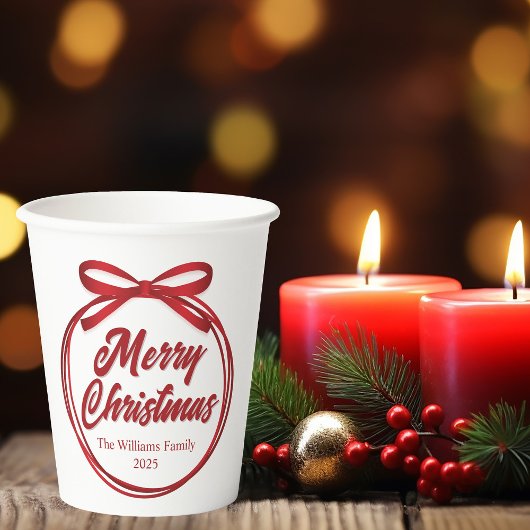 Gobelets En Papier Chic Joyeux Noël Script Red Ribbon Bow Party