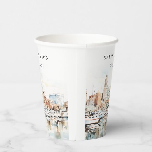 Gobelets En Papier Chic Tampa Floride Skyline Mariage d'aquarelle (Droite)