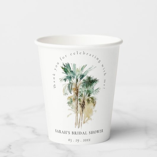 Gobelets En Papier Chic Tropical Aquarelle Palm Trees Fête des mariée (Verso)