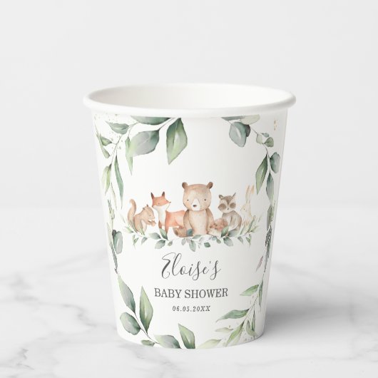 Gobelets En Papier Chic verdure Bois Animaux Baby shower Neutre (Verso)