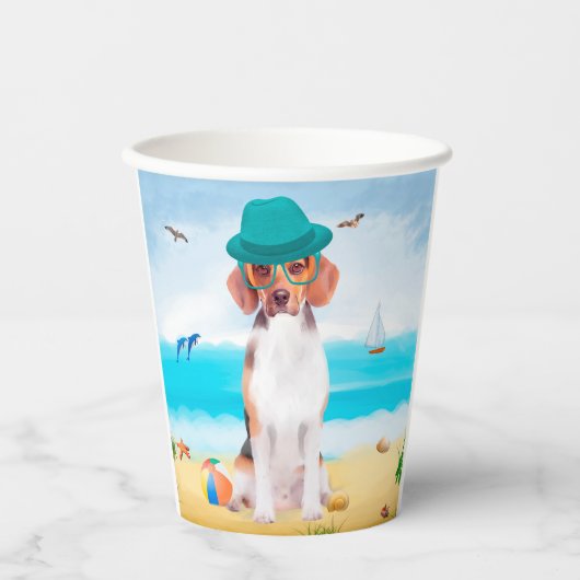 Gobelets En Papier Chien beagle Sur La Plage (Recto)