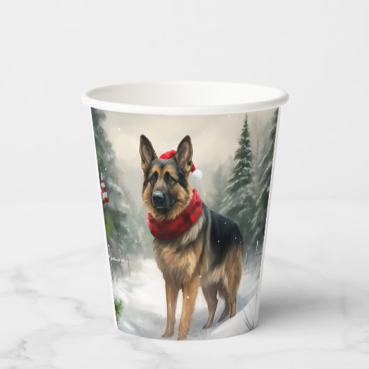 Gobelets En Papier Chien berger allemand en Noël de neige (Verso)