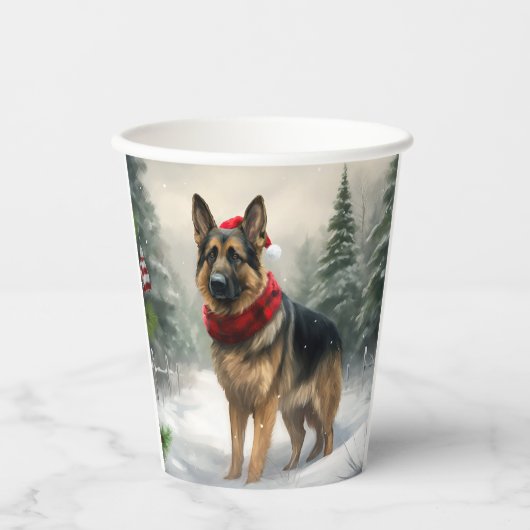 Gobelets En Papier Chien berger allemand en Noël de neige (Recto)