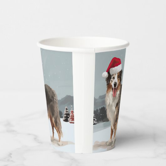 Gobelets En Papier Chien berger australien en Noël de neige (Droite)