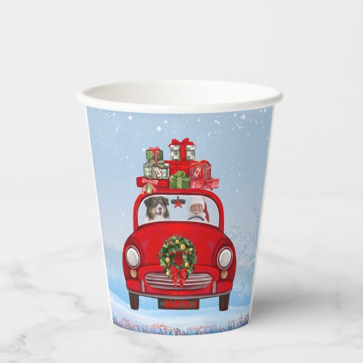 Gobelets En Papier Chien De Berger Australien En Voiture Avec Le Père (Recto)