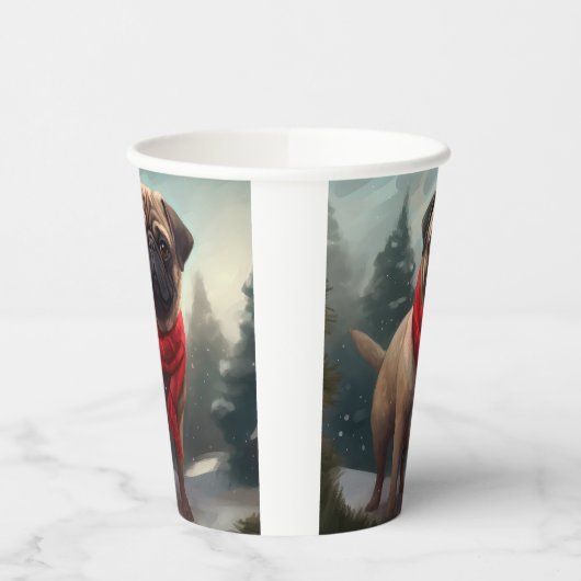 Gobelets En Papier Chien de carlin en Noël de neige (Gauche)