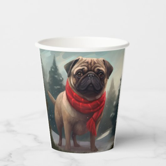 Gobelets En Papier Chien de carlin en Noël de neige (Recto)