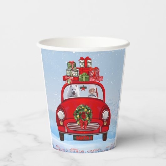 Gobelets En Papier Chien Eskimo Américain En Voiture Avec Santa Claus (Verso)