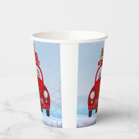 Gobelets En Papier Chien Eskimo Américain En Voiture Avec Santa Claus (Gauche)