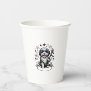 Gobelets En Papier Chien Patriotique Feu d'Artifice Vintage Vector T-