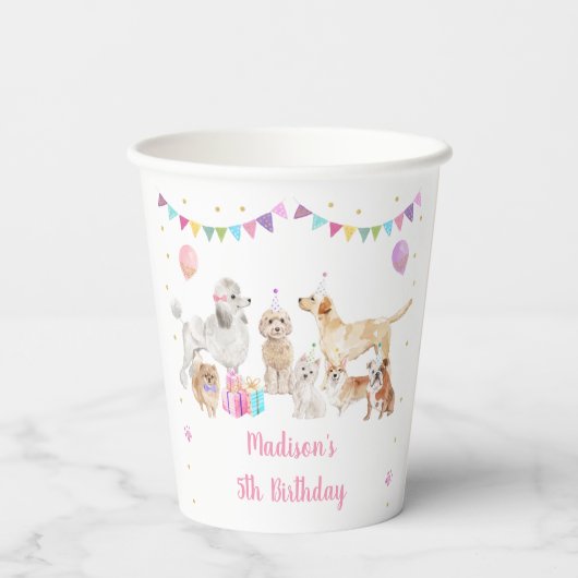 Gobelets En Papier Chien rose rose or Paw-ty fille Anniversaire (Verso)
