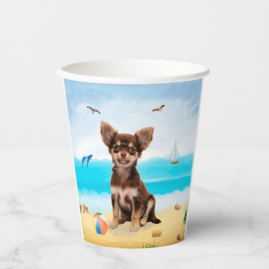 Gobelets En Papier Chihuahua Dog sur la plage (Recto)
