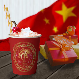 Gobelets En Papier Chinois Zodiac Dragon Rouge/Or ID542