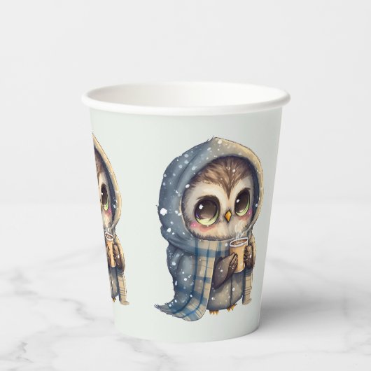 Gobelets En Papier Chouette à gros yeux mignonne tenant un café - (Verso)