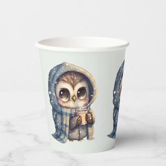 Gobelets En Papier Chouette à gros yeux mignonne tenant un café - (Recto)