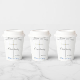 Gobelets En Papier Christening Blue Name Silver Gold Cross