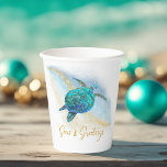 Gobelets En Papier Christmas Beach Sea Turtle Seas et salutations<br><div class="desc">Idéal pour divertir vos invités dans le style des vacances côtières, ces tasses de papier de Noël tropicale de plage disposent d'une tortue de mer bleu turquoise aquarelle sur un arrière - plan de plage abstrait avec une fausse parties scintillant d'or vague brillante, et or Seas & Greys. Consultez la...</div>