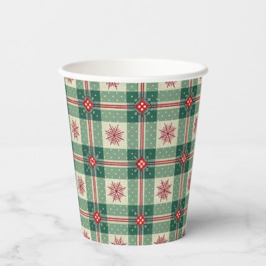 Gobelets En Papier Christmas Red Snowflakes Green Checks Pattern (Verso)