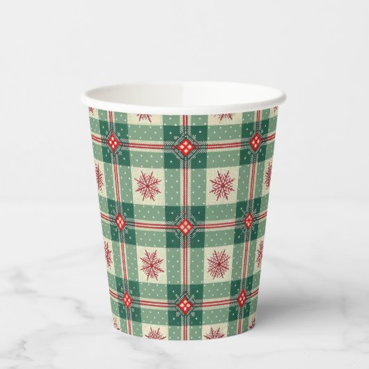 Gobelets En Papier Christmas Red Snowflakes Green Checks Pattern (Gauche)