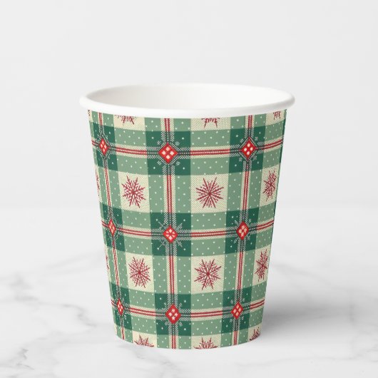 Gobelets En Papier Christmas Red Snowflakes Green Checks Pattern (Recto)
