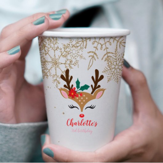 Gobelets En Papier Christmas Reindeer Anniversaire Gold Snowflakes