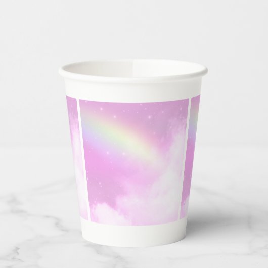Gobelets En Papier Ciel rose pastel avec arc-en-ciel jaune (Gauche)