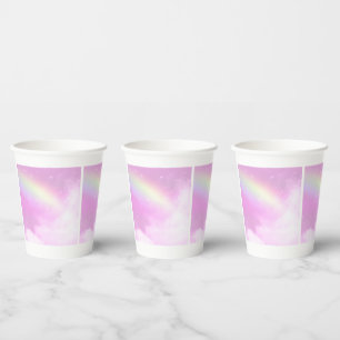 Gobelets En Papier Ciel rose pastel avec arc-en-ciel jaune
