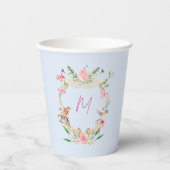 Gobelets En Papier Cimier floral Monogramme Baby shower bleu (Recto)