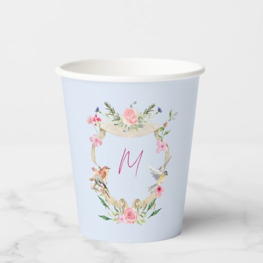 Gobelets En Papier Cimier floral Monogramme Baby shower bleu (Recto)
