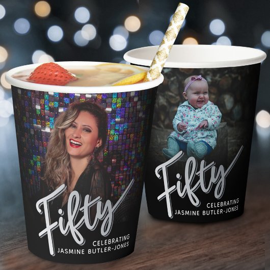 Gobelets En Papier Cinquante 50e anniversaire script photo noir argen