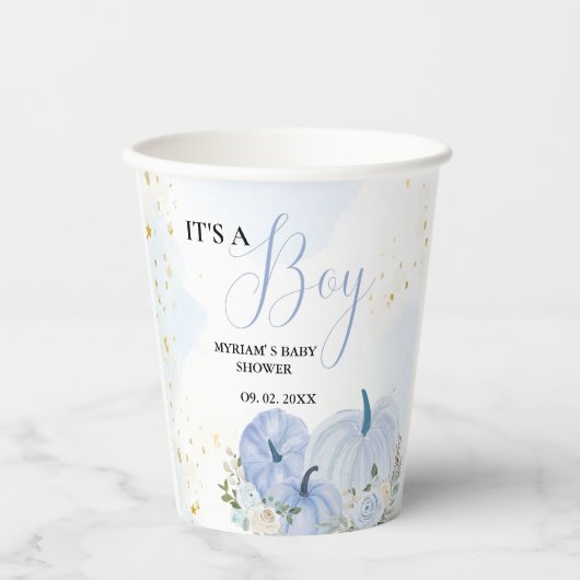 Gobelets En Papier Citrouille bleu automne Floral Boy Baby shower (Recto)
