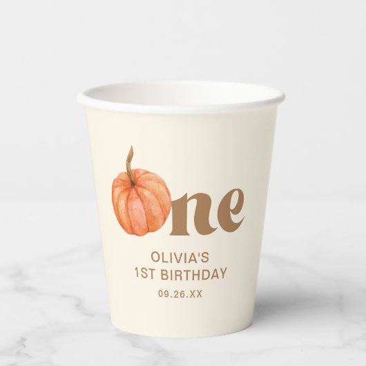 Gobelets En Papier Citrouille d'aquarelle d'automne 1er anniversaire (Recto)