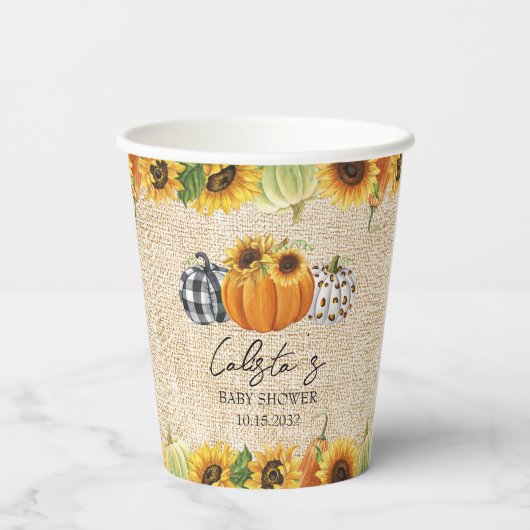 Gobelets En Papier Citrouille d'automne Baby shower Sunflower Burlap (Verso)