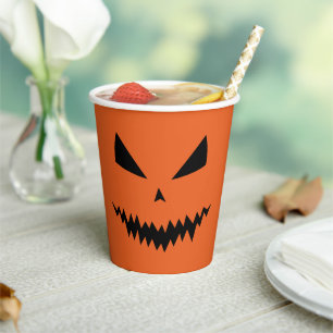 Gobelets En Papier Citrouille d'Halloween effrayante visage noir oran