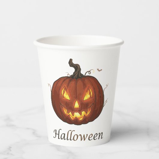 Gobelets En Papier Citrouille d'Halloween Jack-o'-Lantern feu effraya (Recto)