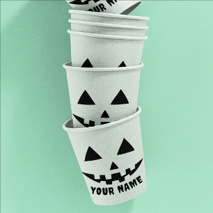 Gobelets En Papier Citrouille Personnalisée Halloween Nom Noir & Blan