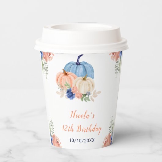 Gobelets En Papier Citrouilles floral bleu et bleu marine (Verso)