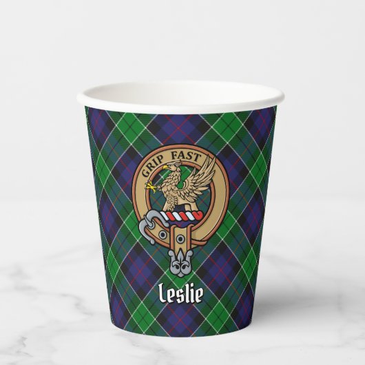 Gobelets En Papier Clan Leslie Crest sur la chasse Tartan (Recto)