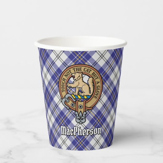 Gobelets En Papier Clan MacPherson Crest sur la robe bleue Tartan (Recto)